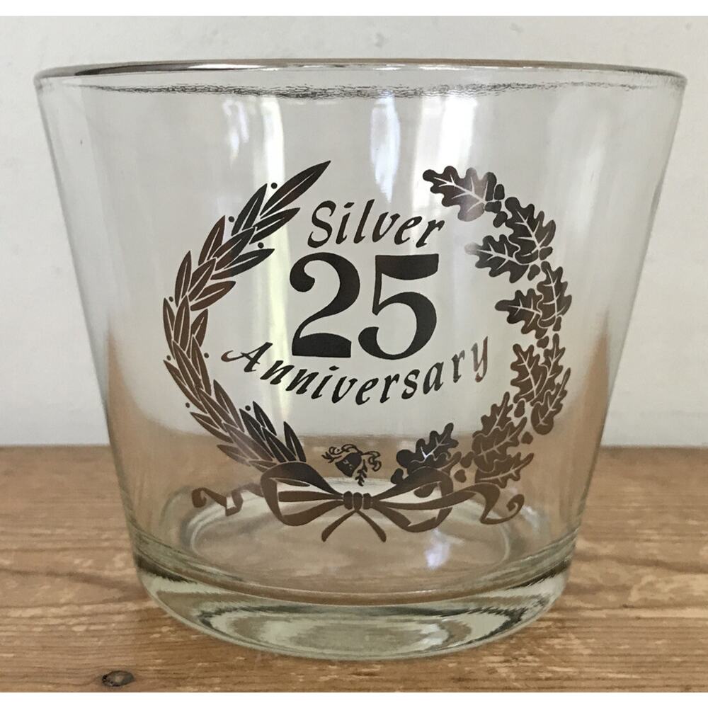 Vtg 25 Years Silver Anniversary Glass Ice Bucket Flower Vase Candle Holder 6"